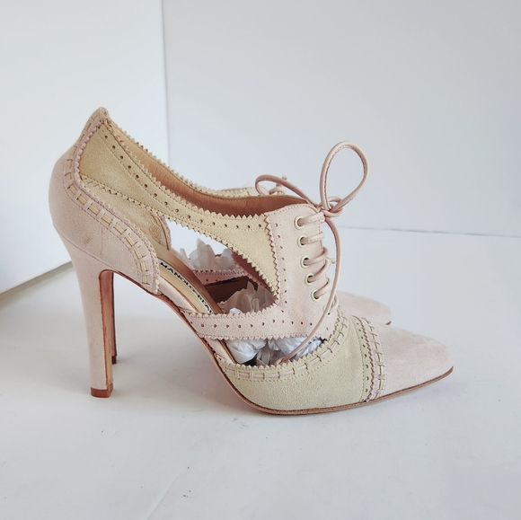 Manolo Blahnik Pink Suede Leather Lace-Up Oxford High Heels Shoes Pointy 37.5 - Picture 6 of 16